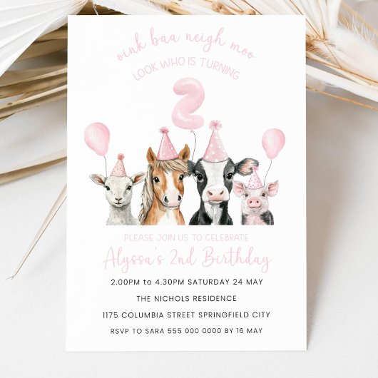Ferme 2e Invitation d'anniversaire Fille, Rose mod