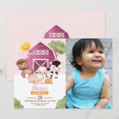 Ferme Anniversaire 1er Invitation Rose Girls One P (Devant / Derrière)