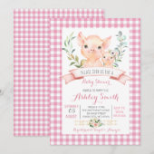 ferme de porc baby shower invitation fille rose (Devant / Derrière)