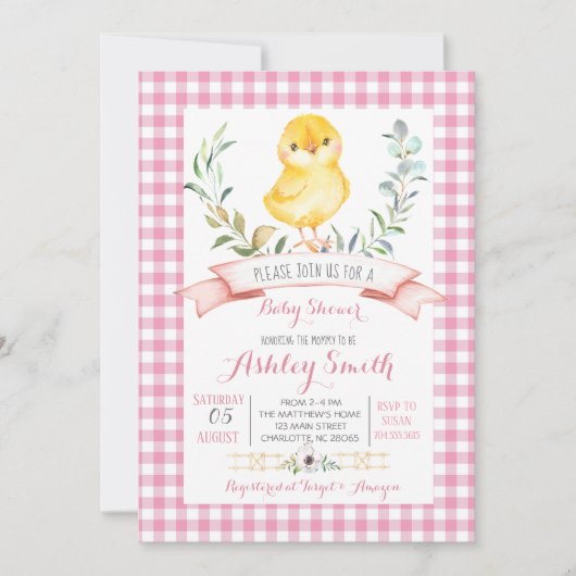 ferme de poulet baby shower invitation fille rose (Devant)