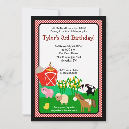 Ferme Old MacDonald EIEIO Invitation d'anniversair (Devant)