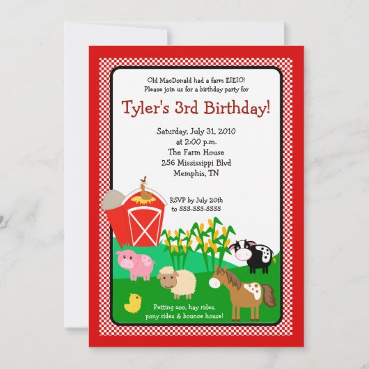 Ferme Old MacDonald EIEIO Invitation d'anniversair (Devant)