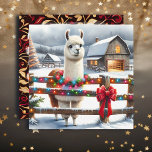 Ferme vintage et Noël Cute Llama<br><div class="desc">Carte de Noël carré sur le thème de la ferme personnalisée. Une ferme vintage avec une Lama debout dehors,  par une journée d'hiver enneigée.</div>