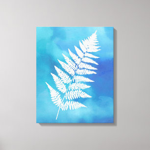 Fern Frond, White on Blue Waterverf Background Canvas Afdruk