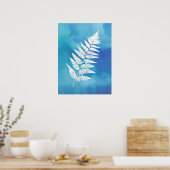 Fern Frond, White on Blue Waterverf Background Poster (Keuken)