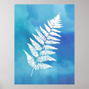 Fern Frond, White on Blue Waterverf Background Poster