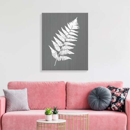 Fern Frond, White on Charcoal Grey / Grey Canvas Afdruk (Insitu (Woonkamer))