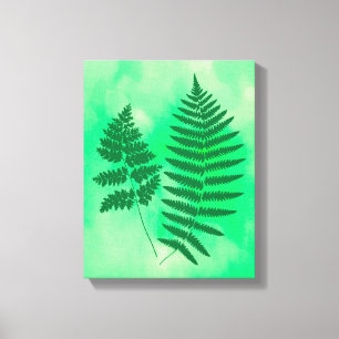 Fern Fronds, Green on a Waterverf Background Canv Canvas Afdruk