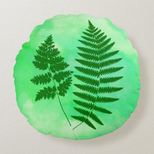 Fern Fronds, Groen op Waterverf achtergrond Rond Kussen