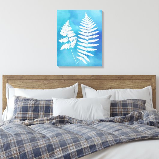 Fern Fronds, White on Blue Waterverf Background Canvas Afdruk (Insitu (Slaapkamer))