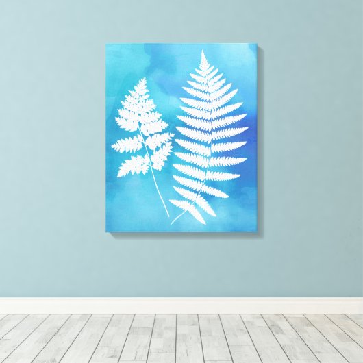 Fern Fronds, White on Blue Waterverf Background Canvas Afdruk (Insitu (Houten vloer))