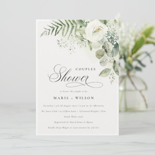 Fern Green Blanc Floral Couples Douche Invitation (Debout devant)