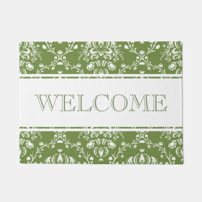 Fern Green en White Damask Welcome Deurmat (Voorkant)