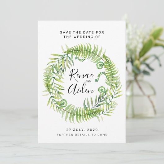 Fern Greenery Wedding Bewaar de datum, Tropisch Save The Date (Staand voorkant)
