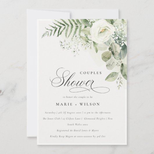 Fern Greenery White Floral Couples Shower Invite Bedankkaart (Voorkant)