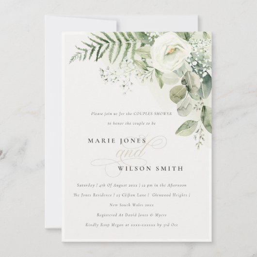 Fern Greenery White Floral Couples Shower Invite Bedankkaart (Voorkant)