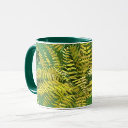 Fern, schijfjes, groene goudgele groen mok (Voorkant links)