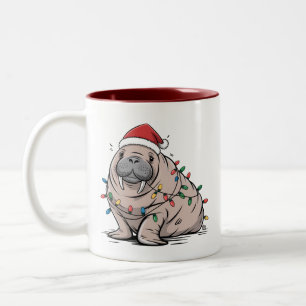 Festieve Manatee Kerstman Oceaanaanbidder Knus Tweekleurige Koffiemok
