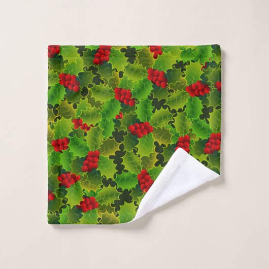 Festif Noël Vert Holly Feuilles Baies rouges (Gant de toilette)