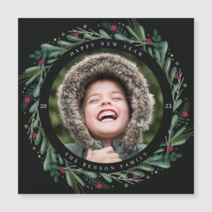 Festif Nouvel An Wreath Feuilles Berries Magnet