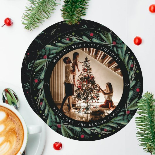 Festif Wreath Feuilles Berries Carte ronde