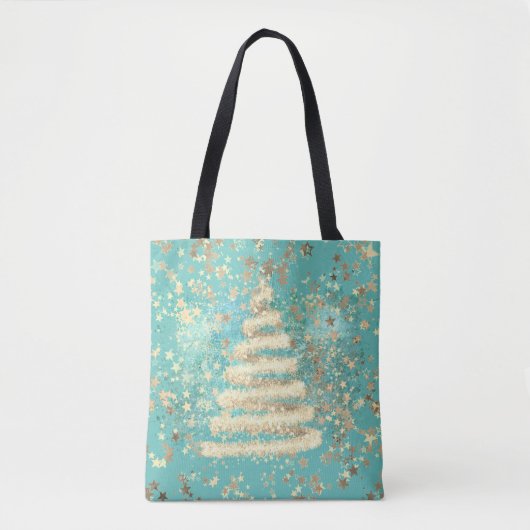 Festive Aqua Gold Sparkly-kerstboom Draagtas (Voorkant)