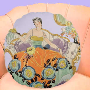 Festive Art Deco Lady Round Pillow Rond Kussen
