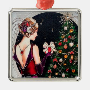 Festive art deco retro vintage kerstdame metalen ornament