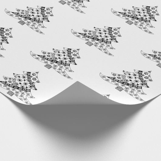 Festive Black and White Kersttree Pattern Cadeaupapier (Hoek)