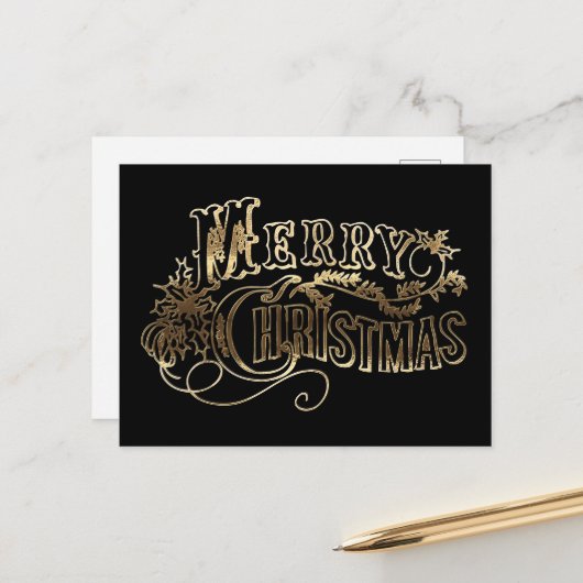 Festive Black- en Gold-look-script, prettig kerstf Briefkaart (Voorkant / Achterkant in situ)