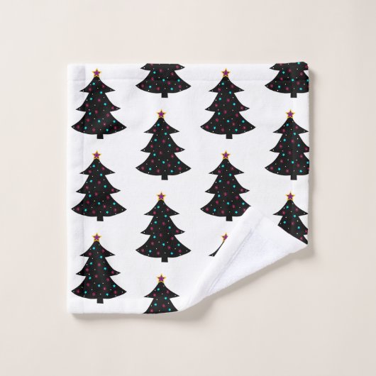 Festive Black kerstbomen Pattern Lambries Stars Bad Handdoek (Wasdoekje)