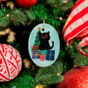 Festive Blau Kerstmis Schattige Zwarte Kat Koffie Keramisch Ornament