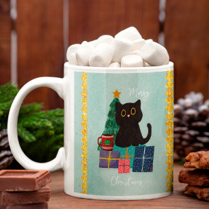 Festive Blau Kerstmis Schattige Zwarte Kat Koffie Koffiemok