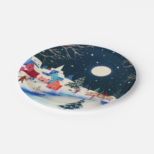 Festive Blue Winter Snow Village Papieren Bordje (Gekanteld)