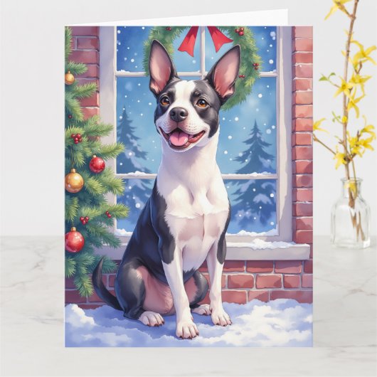 Festive Boston Terrier Christmas Art Kaart (Gele Bloem)