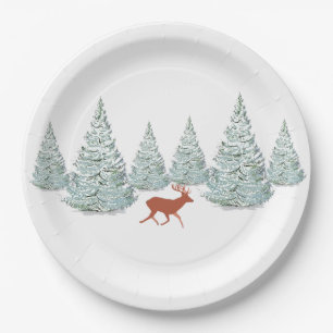 Festive Brown Deer onder Snowy Spruce Trees Papieren Bordje