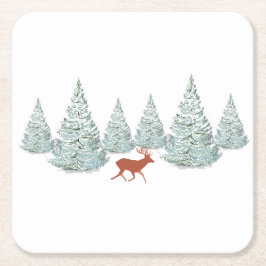 Festive Brown Deer onder Snowy Spruce Trees Vierkante Kartonnen Onderzetter