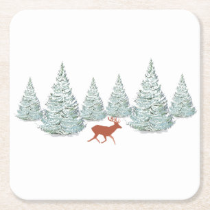 Festive Brown Deer onder Snowy Spruce Trees Vierkante Kartonnen Onderzetter