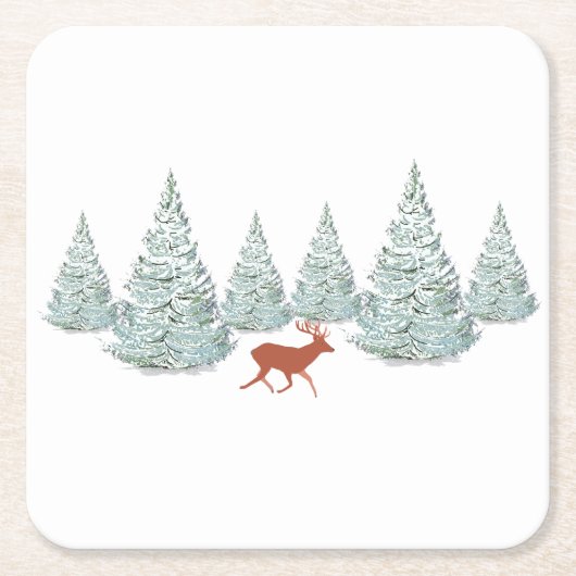 Festive Brown Deer onder Snowy Spruce Trees Vierkante Kartonnen Onderzetter (Voorkant)