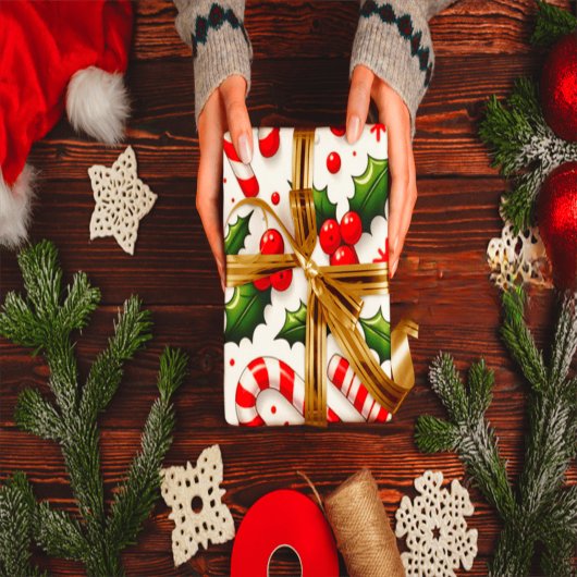 Festive Candy Cane & Holly Christmas Wrapping Pape Cadeaupapier