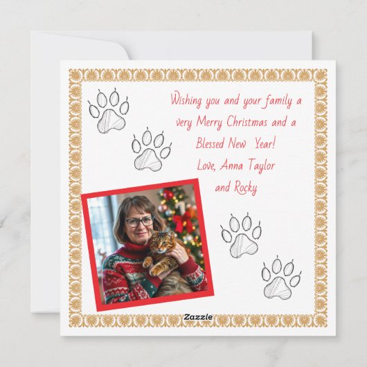 Festive Cat and Poinsettia Customized Christmas Feestdagenkaart (Achterkant)