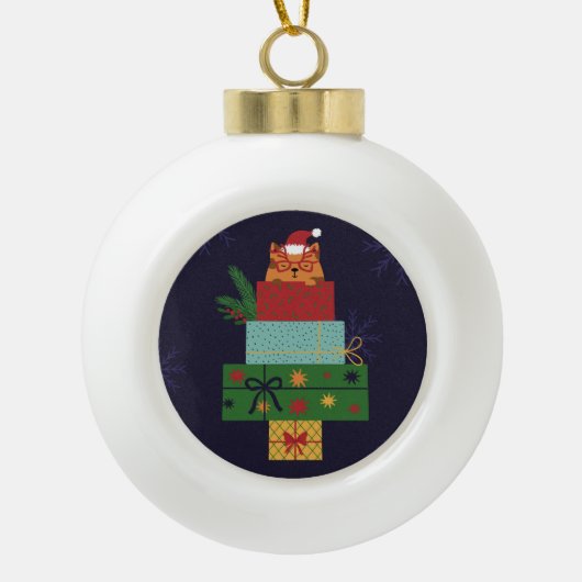 Festive Cat in Gift Stack Ornament (Voorkant)