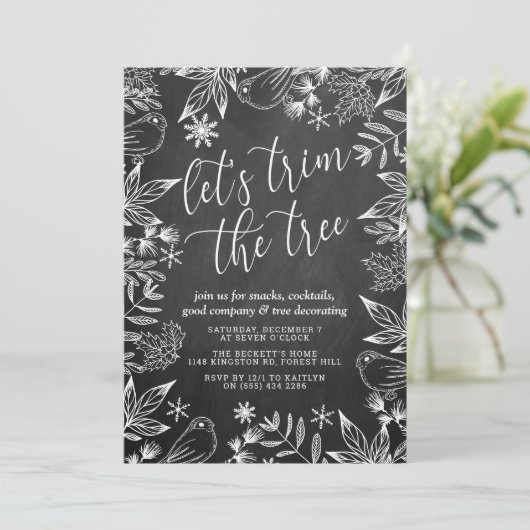 Festive Chalkboard Tree Trimming Party Kaart (Staand voorkant)