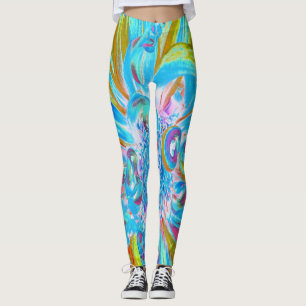 Festive Chartreuse and Blue Dahlia Flower Petals Leggings
