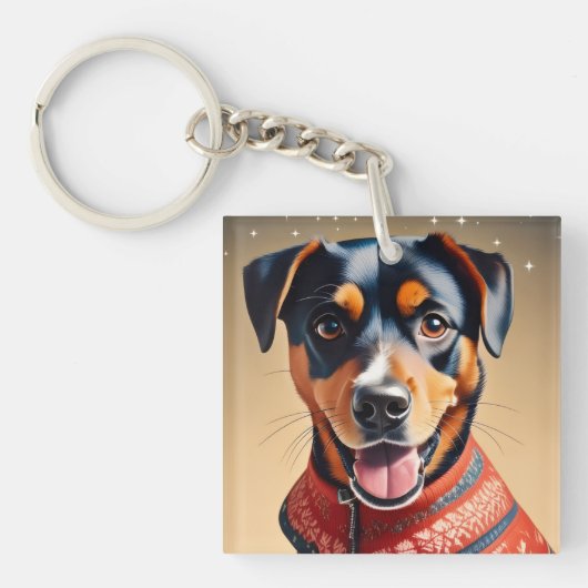 Festive Cheer: Cozy Rottweiler Mix in Red Sweater Sleutelhanger (voorkant)