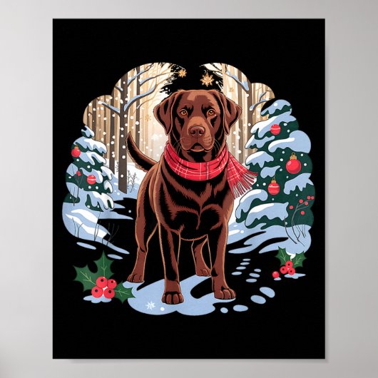 Festive Chocolate Lab In Snowy Forest Winter Xmas Poster (Voorkant)