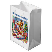 Festive Christmas customizable wrapping reindeer  Medium Cadeauzakje (Voorkant Gekanteld)