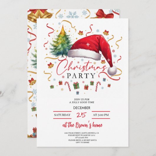 Festive Christmas Party Invitation Red Santa Hat (Devant / Derrière)