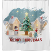 Festive Christmas Tree and Snowmen Scene Douchegordijn (Voorkant)
