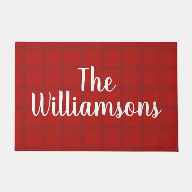 Festive Classic Red Check Family Script Name Deurmat (Voorkant)